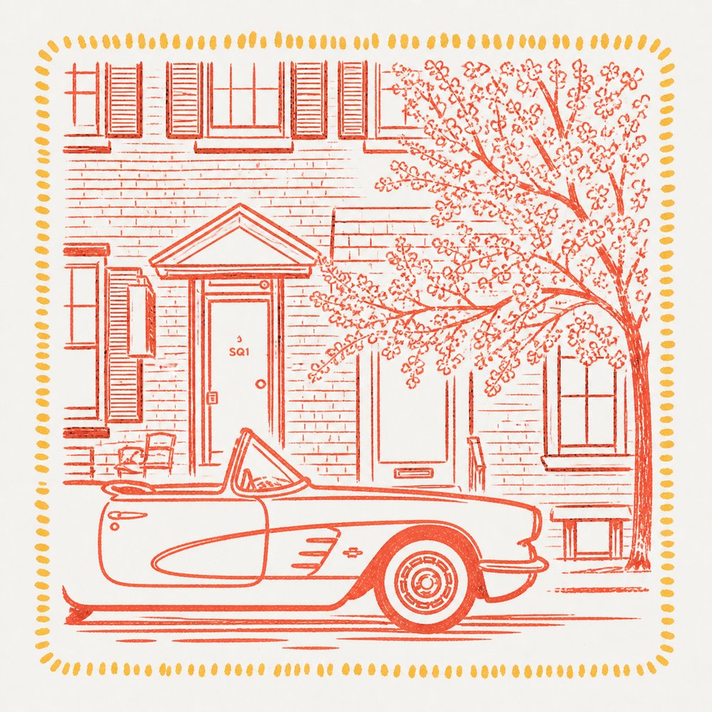 The Lancaster Ledger — illustrated corvette outside a brick rowhouse with a flowering tree